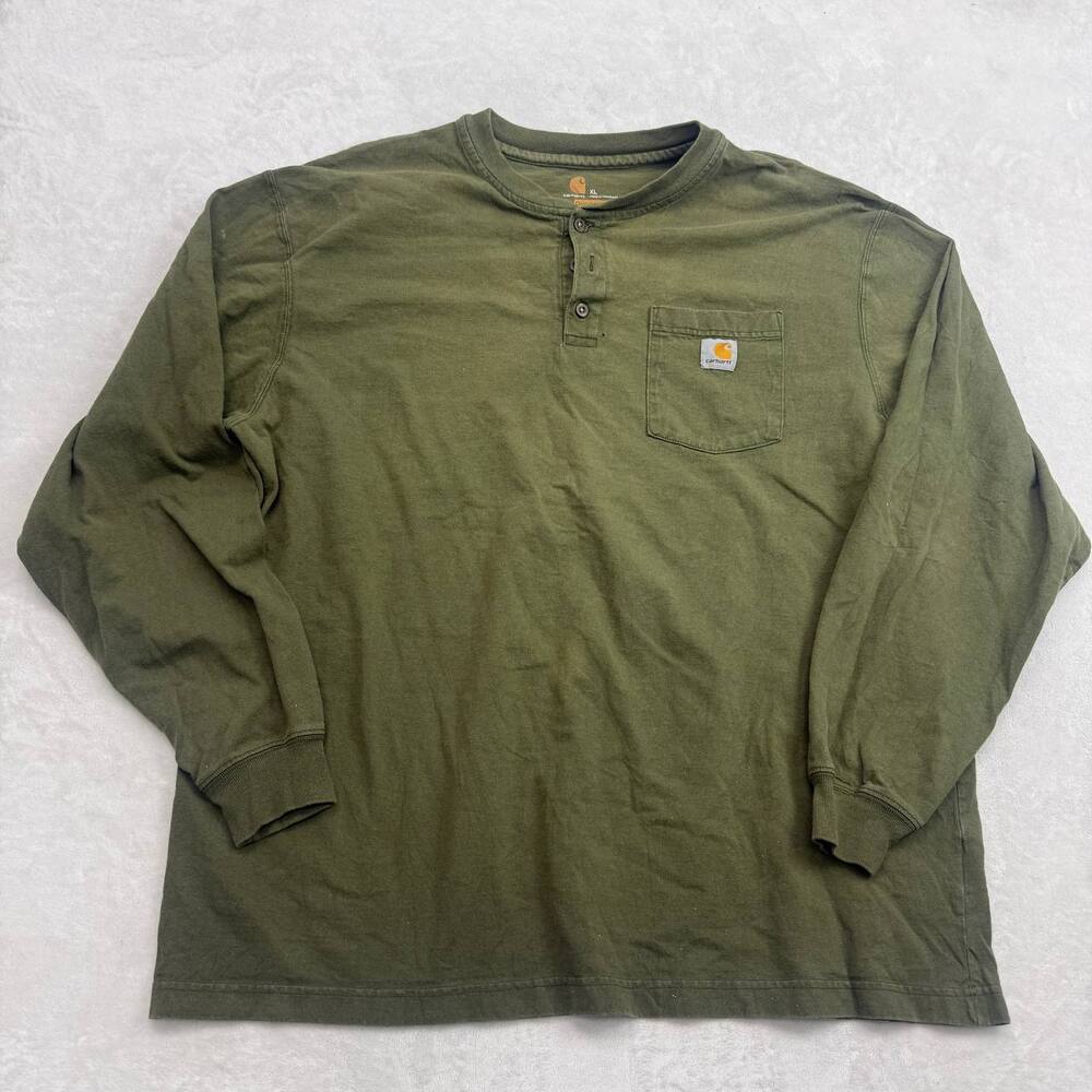 Carhartt Men's Henley T-Shirt Green Size XL Long Sleeve Original Fit Pocket Tee